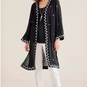 Soft Surroundings Black Gauze Tunic Topper with White Embroidery, mirror accents